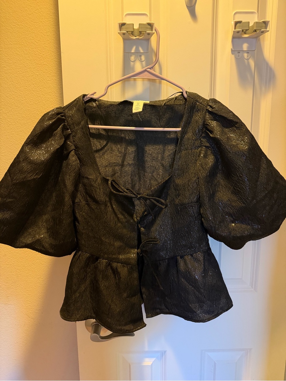 H&M Black Puff-Sleeve Tie-Front Blouse